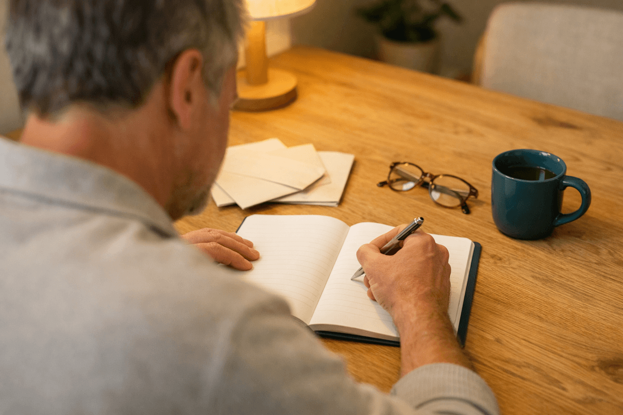 Ein Mann mittleren Alters schreibt am Esstisch in ein Notizbuch, daneben Briefumschläge, eine Lesebrille und eine Tasse