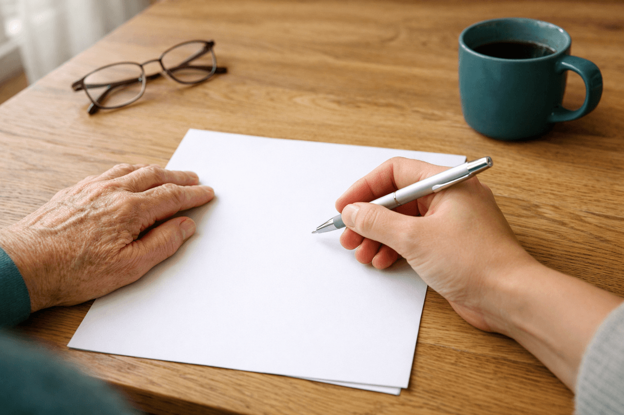 Die Hand einer älteren Person liegt auf einem leeren Blatt Papier, eine jüngere Hand setzt mit dem Kugelschreiber an, daneben Lesebrille und Kaffeetasse