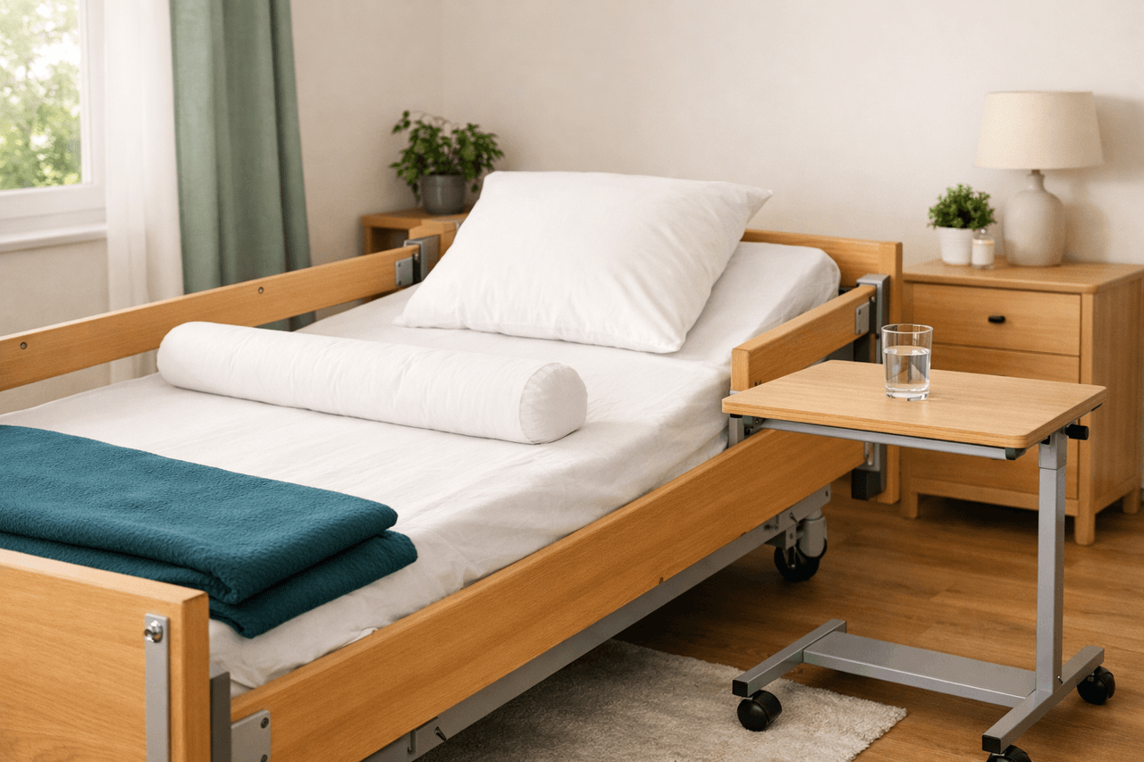 Pflegebett mit hellen Holzseitenteilen, Lagerungsrolle und petrolfarbener Decke in einem wohnlichen Schlafzimmer, daneben ein fahrbarer Betttisch mit einem Glas Wasser