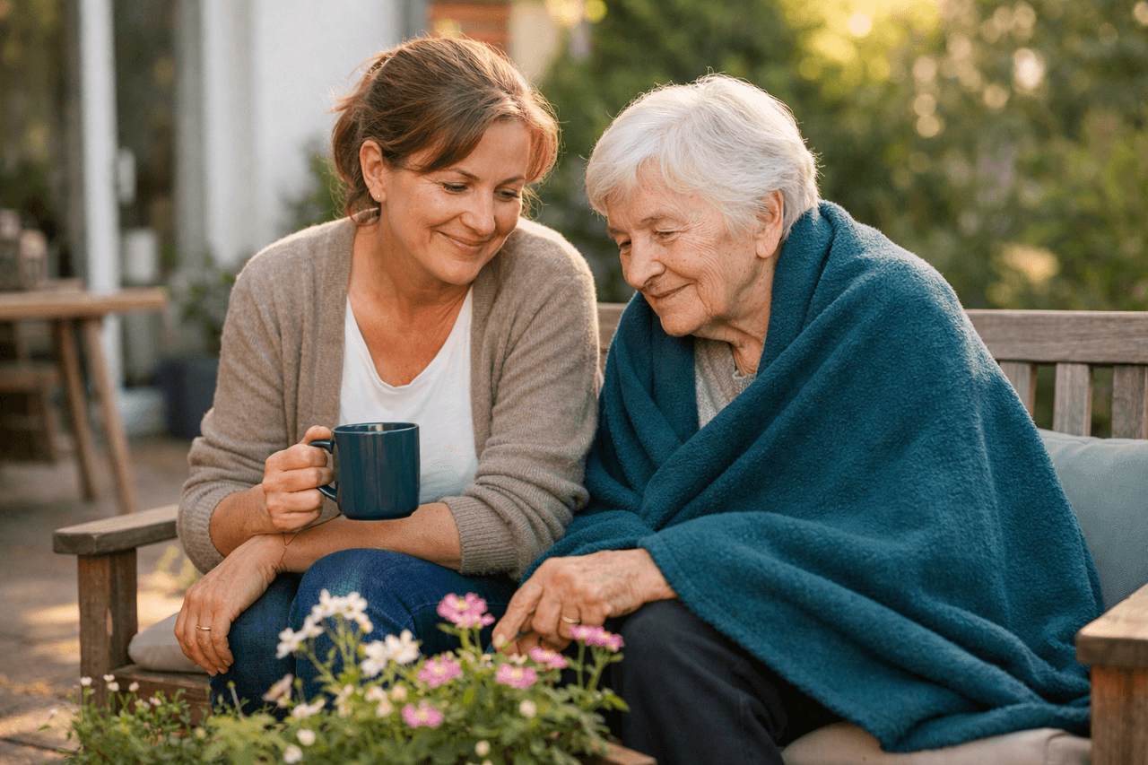 Frau mit Kaffeetasse macht auf einer Gartenbank Pause neben ihrer älteren Mutter, die in eine petrolfarbene Decke gehüllt ist, davor Blumen