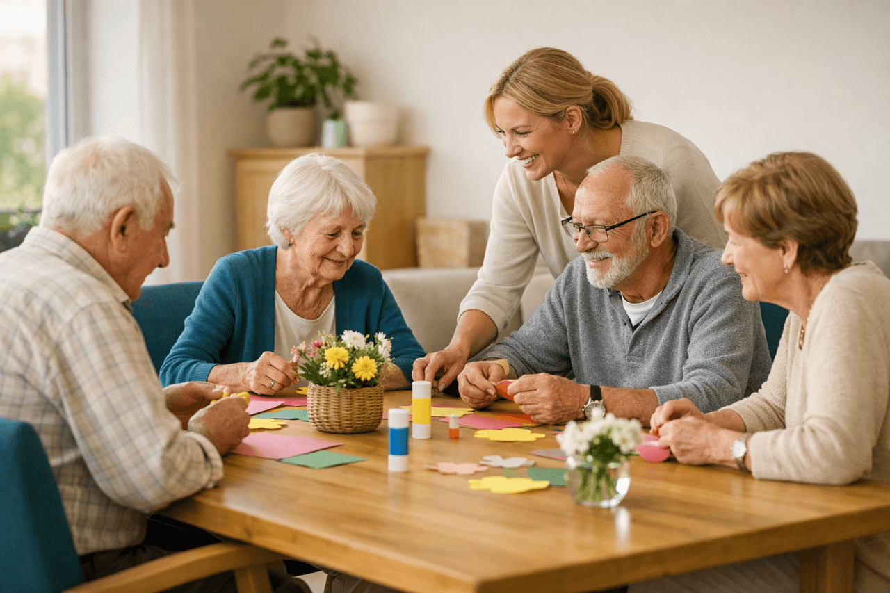 Vier ältere Menschen basteln mit einer Betreuerin an einem Holztisch mit buntem Papier und Blumen in einem hellen Gruppenraum